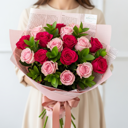 Stunning 15 Pink Rose Bouquet with Ribbon