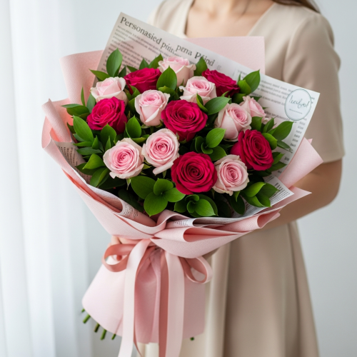 Stunning 15 Pink Rose Bouquet with Ribbon - Image 6