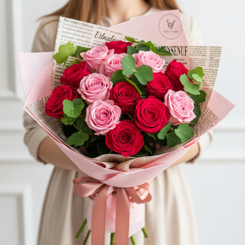 Stunning 15 Pink Rose Bouquet with Ribbon - Image 2
