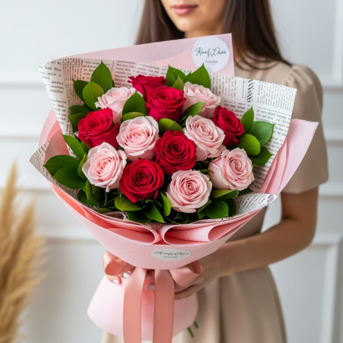 Stunning 15 Pink Rose Bouquet with Ribbon - Image 5