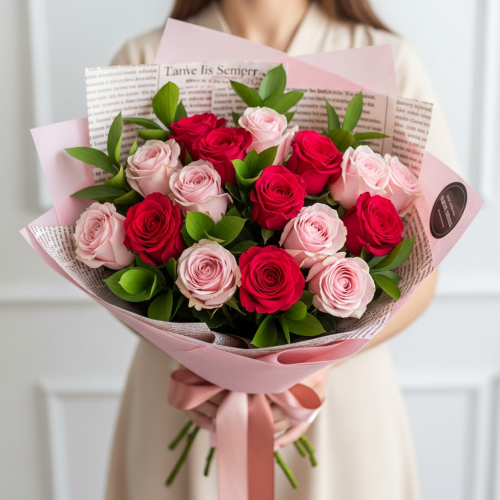 Stunning 15 Pink Rose Bouquet with Ribbon - Image 4