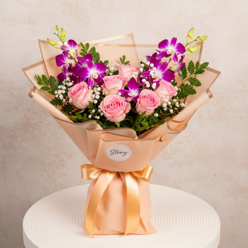 8 Stems Orchid and Rose Square Bouquet - Image 3