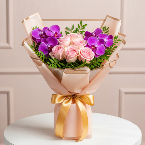 8 Stems Orchid and Rose Square Bouquet - Image 4