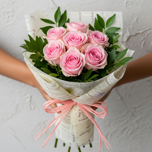 Six Baby Pink Roses in Square Display Bouquet