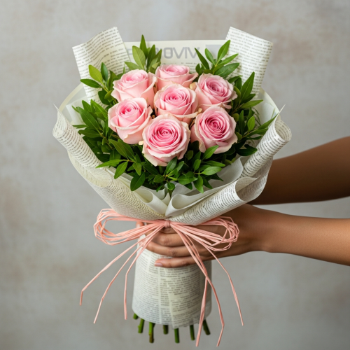 Six Baby Pink Roses in Square Display Bouquet - Image 5