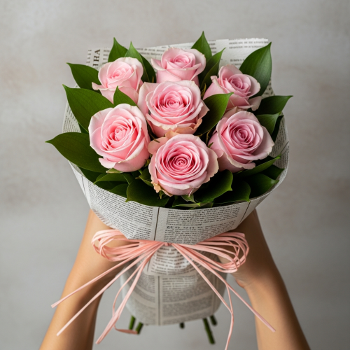Six Baby Pink Roses in Square Display Bouquet - Image 2