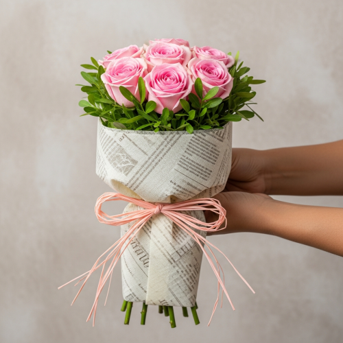 Six Baby Pink Roses in Square Display Bouquet - Image 3