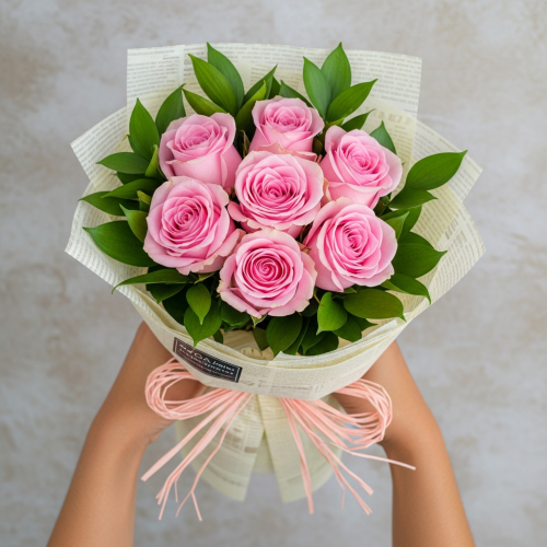 Six Baby Pink Roses in Square Display Bouquet - Image 4