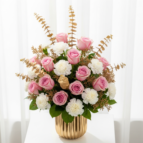 Blooming Rosy Frame Portrait Bouquet top view