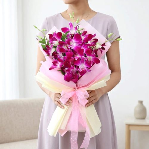 Purple Orchid Bouquet With Round Truffle Cake - Image 2