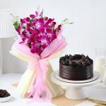 Purple Orchid Bouquet With Round Truffle Cake