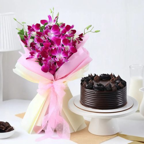 Purple Orchid Bouquet With Round Truffle Cake