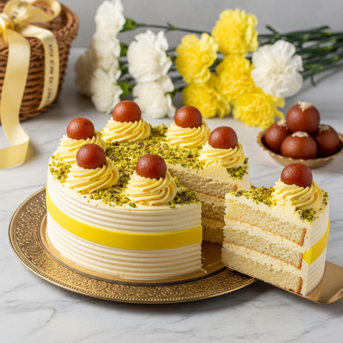 The Creamy Gulab Jamun Cake sliced view